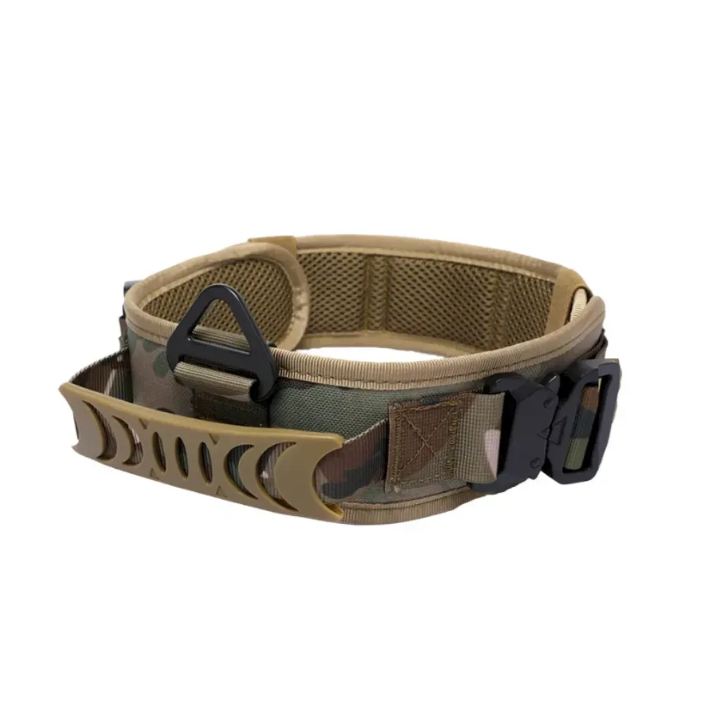 Camouflage pattern tactical dog collar featuring a heavy-duty D-ring for leash attachment.