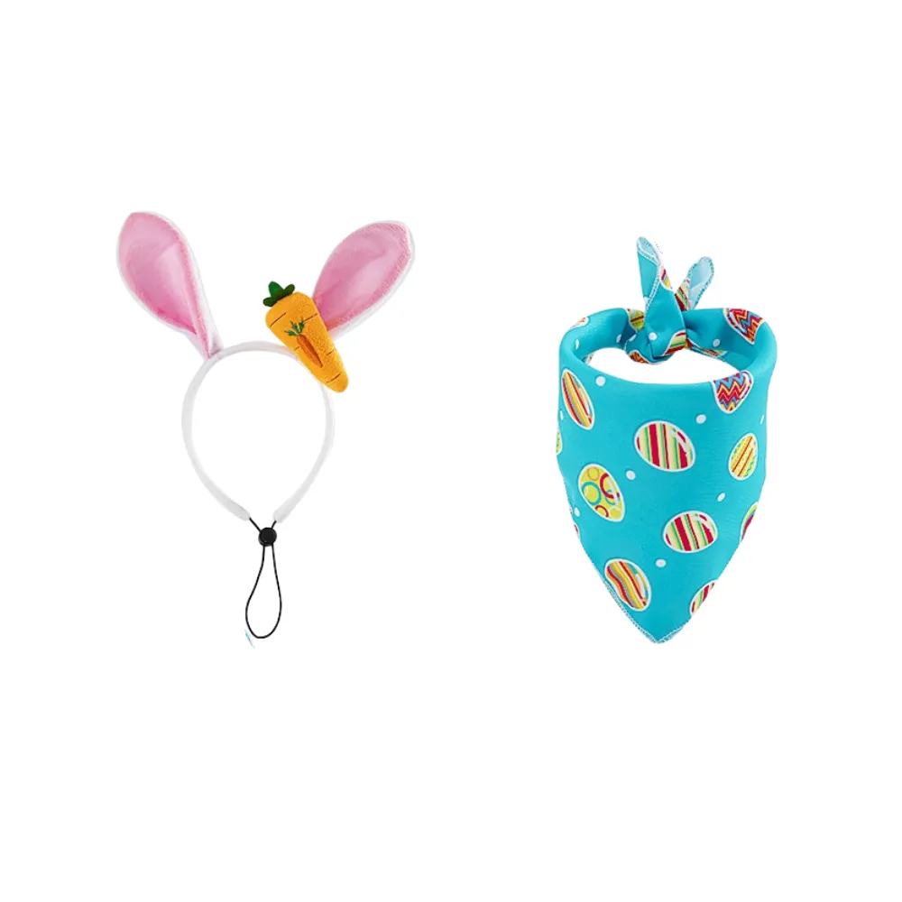 A two-piece Easter dog set featuring a blue patterned bandana and a white plush bunny ear headband with a plush carrot.