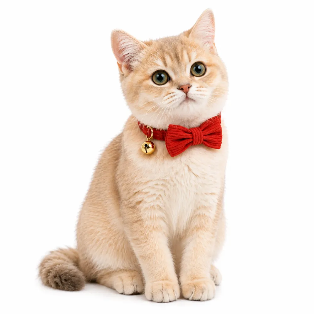 corduroy-cat-bow-tie-collar-red-lifestyle A golden British Shorthair kitten wearing a red corduroy cat collar with a gold bell and bow tie.