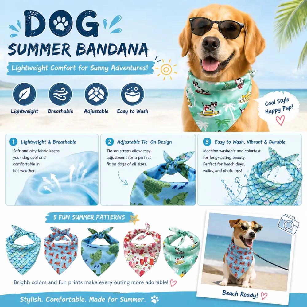 Infographic highlighting features of dog bandanas: lightweight, breathable, adjustable, and easy to wash with lifestyle photos of dogs at the beach.