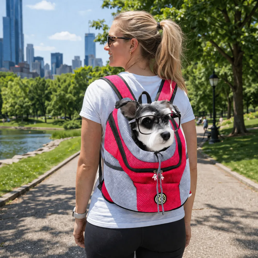 A woman walking in a sunny park wearing a rose-colored pet backpack with a small dog looking out.