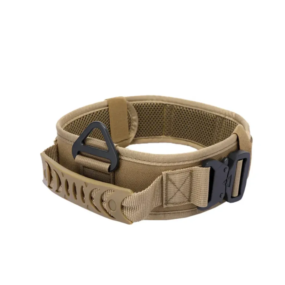 Brown tactical K9 collar with a wide anti-pull design and easy-grip rubberized handle.