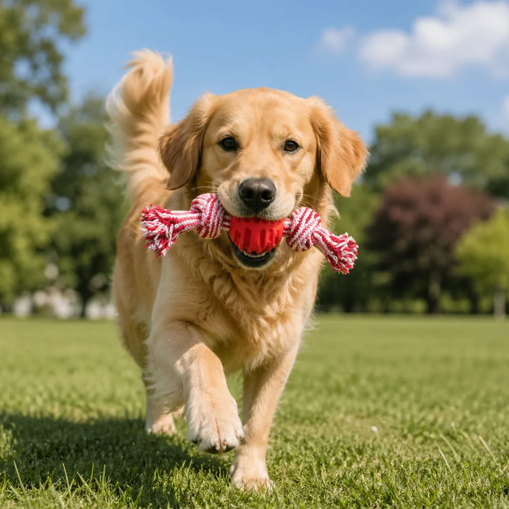 A happy Golden Retriever running through a grassy park with a red and white knotted rope chew toy in its mouth.