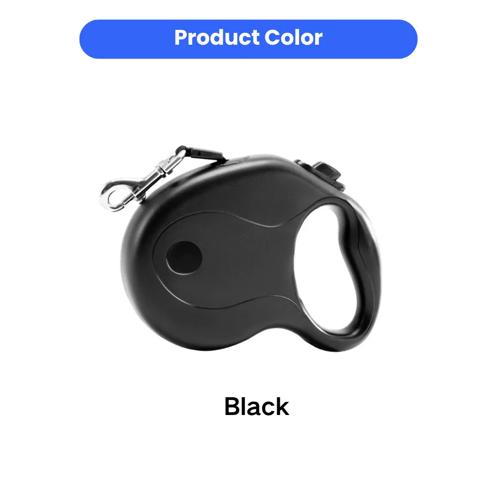 Side view of a classic black retractable dog leash with a chrome-plated swivel hook and ergonomic handle.