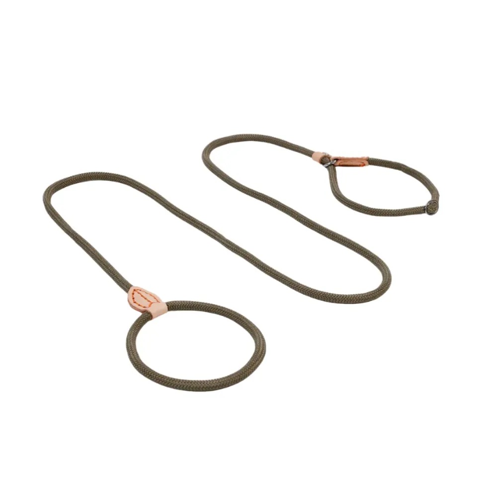 Earth-toned Khaki rope dog leash with durable metal D-ring and leather trim.