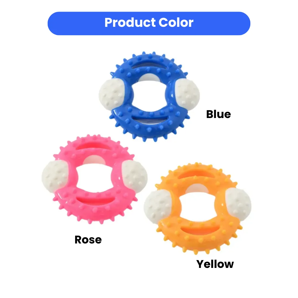 Three circular dog teething toys displayed in Blue, Rose, and Yellow colors with raised grinding nubs.
