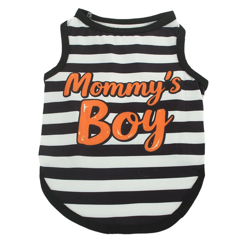 Black and white horizontal striped dog vest with orange Mommy's Boy text