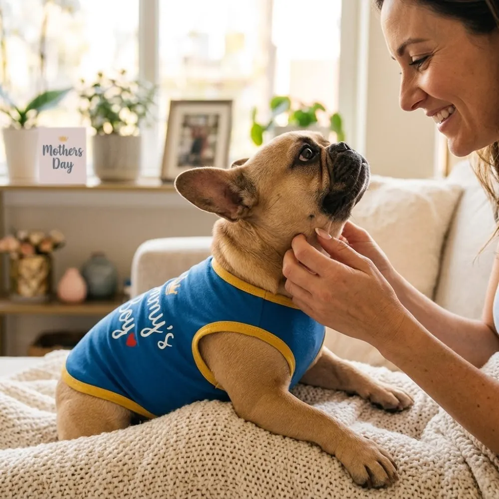 Fawn French Bulldog wearing blue Mommy's Boy vest interacting with pet owner in home setting