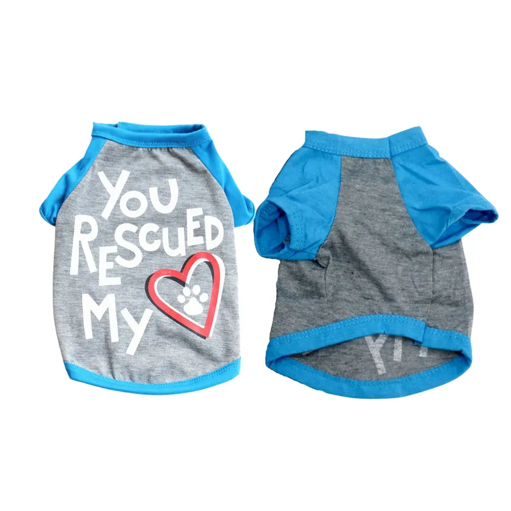 Grey Rescue Dog T-shirt Flat Lay Front and back view of grey and blue pet shirt with You Rescued My Heart graphic