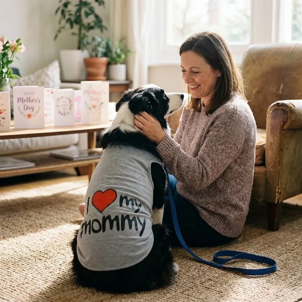A happy woman petting her dog wearing an I Love My Mommy shirt in a living room decorated with Mother's Day cards.