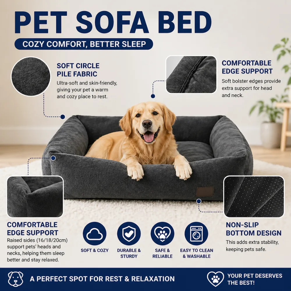 comfortable orthopedic pet sofa bed with plush fabric bolster support washable design and anti-slip base