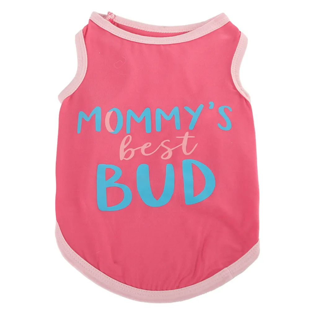 Pink dog t-shirt with light pink trim featuring Mommy's Best Bud text in blue