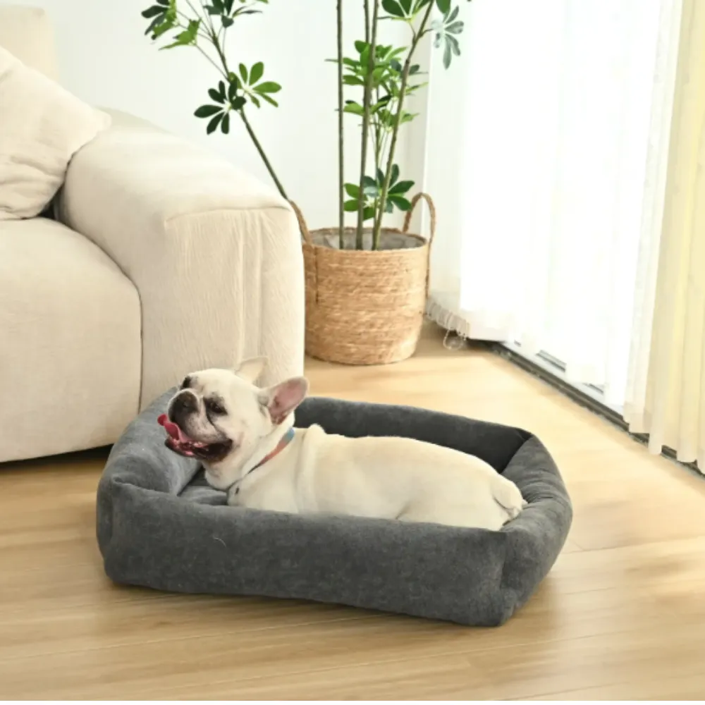 small dog resting in soft black pet sofa bed placed in modern living room