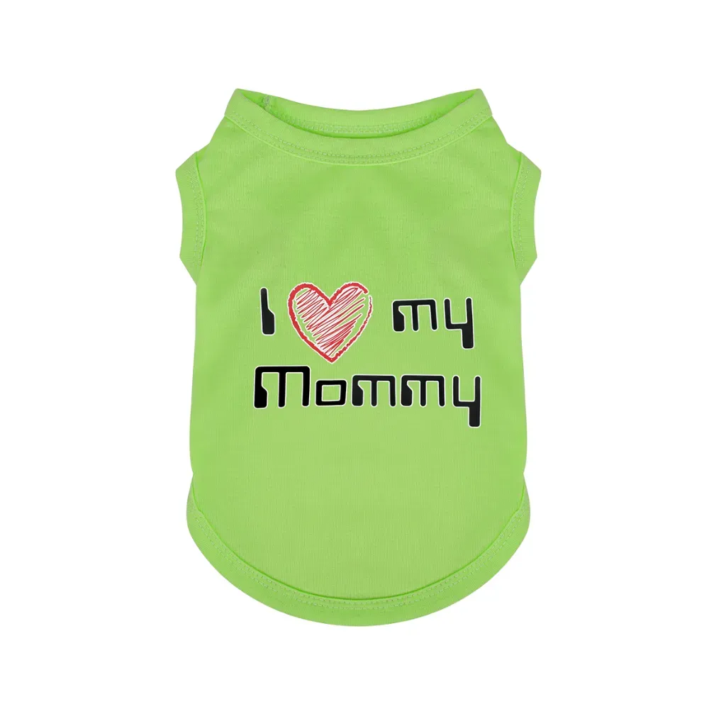 Green I Love My Mommy Pet Shirt Lime green dog shirt with I Love My Mommy text and heart icon