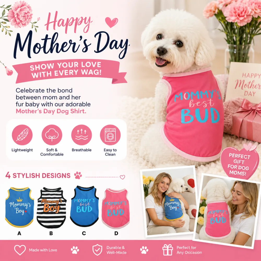 Infographic showing four dog shirt designs and highlighting lightweight breathable and easy to clean features
