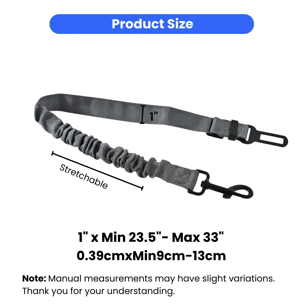 A product sizing diagram for a grey adjustable pet car seat belt. The image shows the unextended length of 23.5 inches (9cm) and the fully extended stretchable length of 33 inches (13cm). The width is marked as 1 inch (0.39cm). A note states manual measur