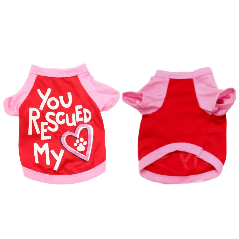 Red Rescue Dog T-shirt Flat Lay Front and back view of red and pink pet shirt with heart and paw print design