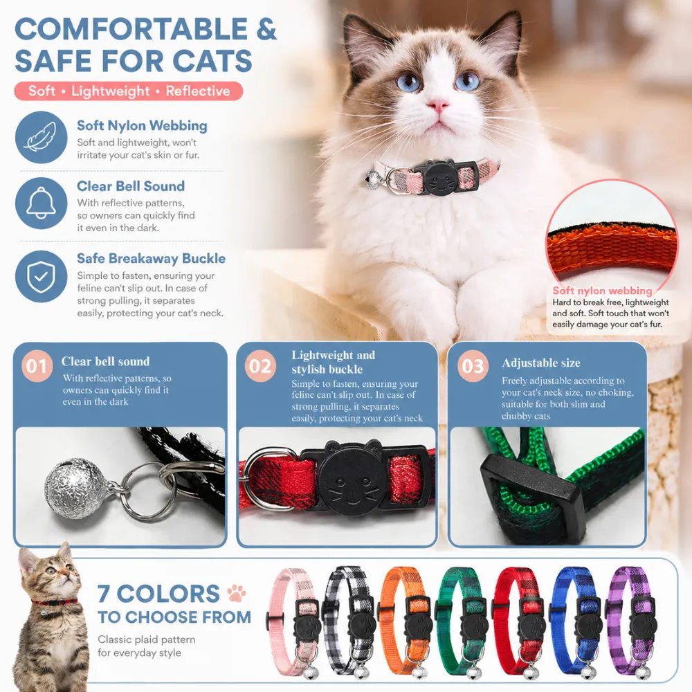 Infographic showing cat collar features including soft nylon webbing, clear bell sound, safe breakaway buckle, and adjustable size.