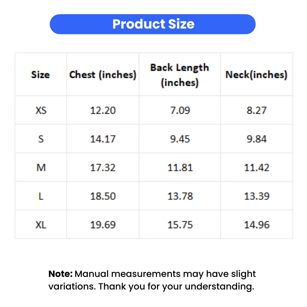 Detailed size chart table for dog shirts showing chest back length and neck measurements in inches