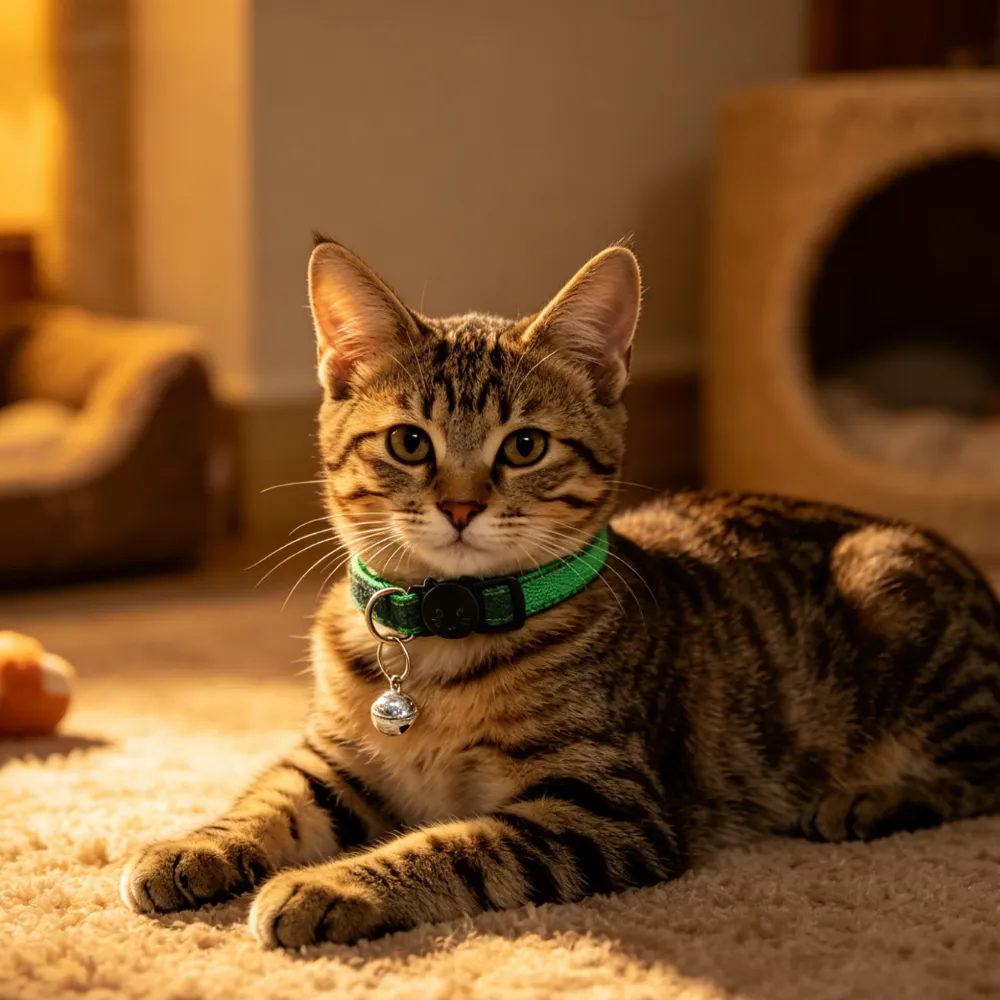 A tabby cat lying on a carpet in warm lighting wearing a green plaid collar with a cat-shaped breakaway buckle.