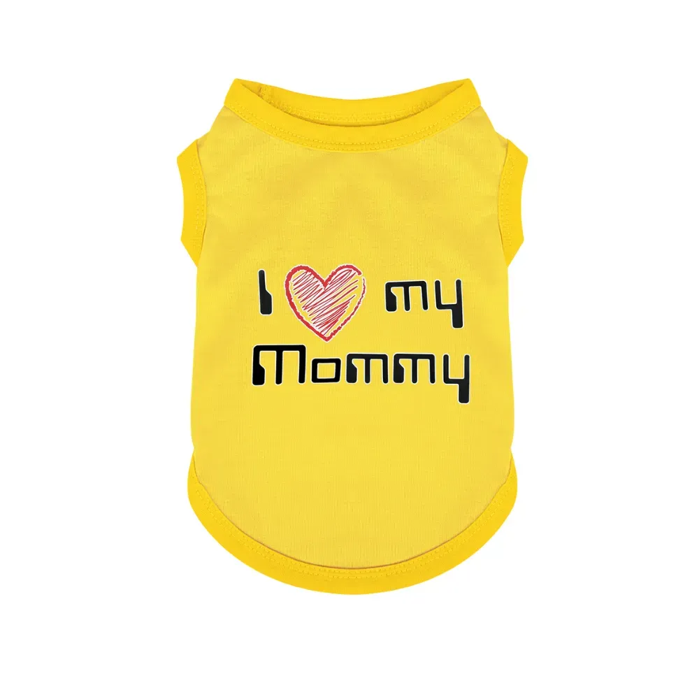 Yellow I Love My Mommy Pet Shirt Bright yellow dog t-shirt with I Love My Mommy screen print