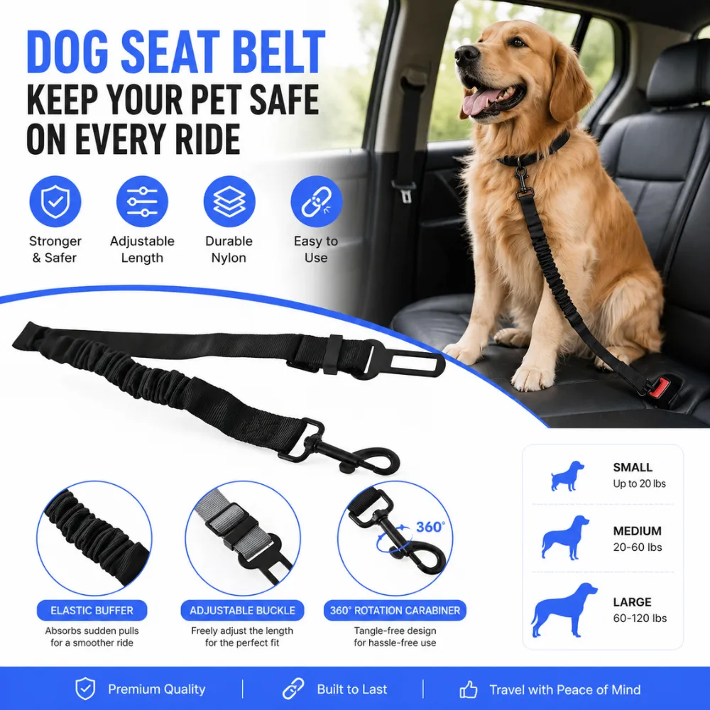 A detailed studio shot of a black adjustable dog car seat belt with a seat belt clip and a heavy-duty swivel carabiner. The image features a close-up circle highlighting the ruffled elastic bungee section. A Pomeranian dog and an orange and white tabby ca
