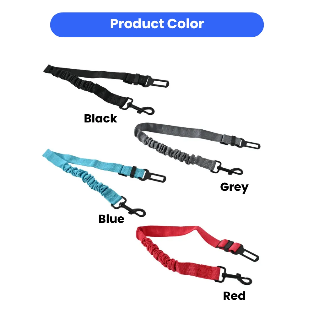An image titled "Product Color," displaying four identical adjustable dog car seat belts in different nylon colors: Black, Grey, Blue, and Red, arranged diagonally with labels.