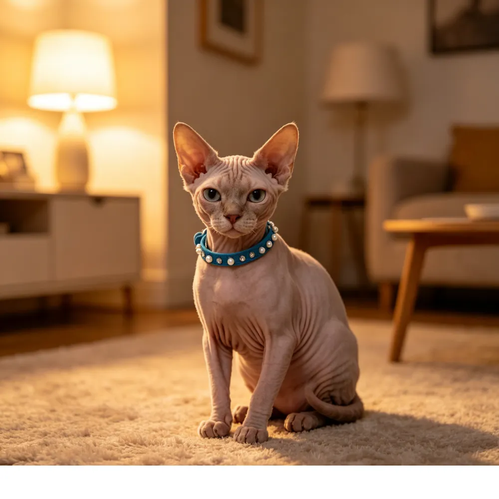 A hairless Sphynx cat wearing a bright blue pearl-studded collar in a cozy home setting.