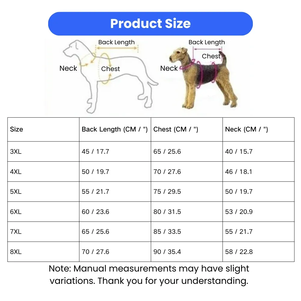 Size chart for large dog clothes showing measurements for back length, chest, and neck from size 3XL to 8XL.