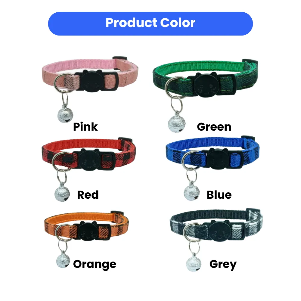 A collection of six plaid breakaway cat collars with bells in pink, green, red, blue, orange, and grey.