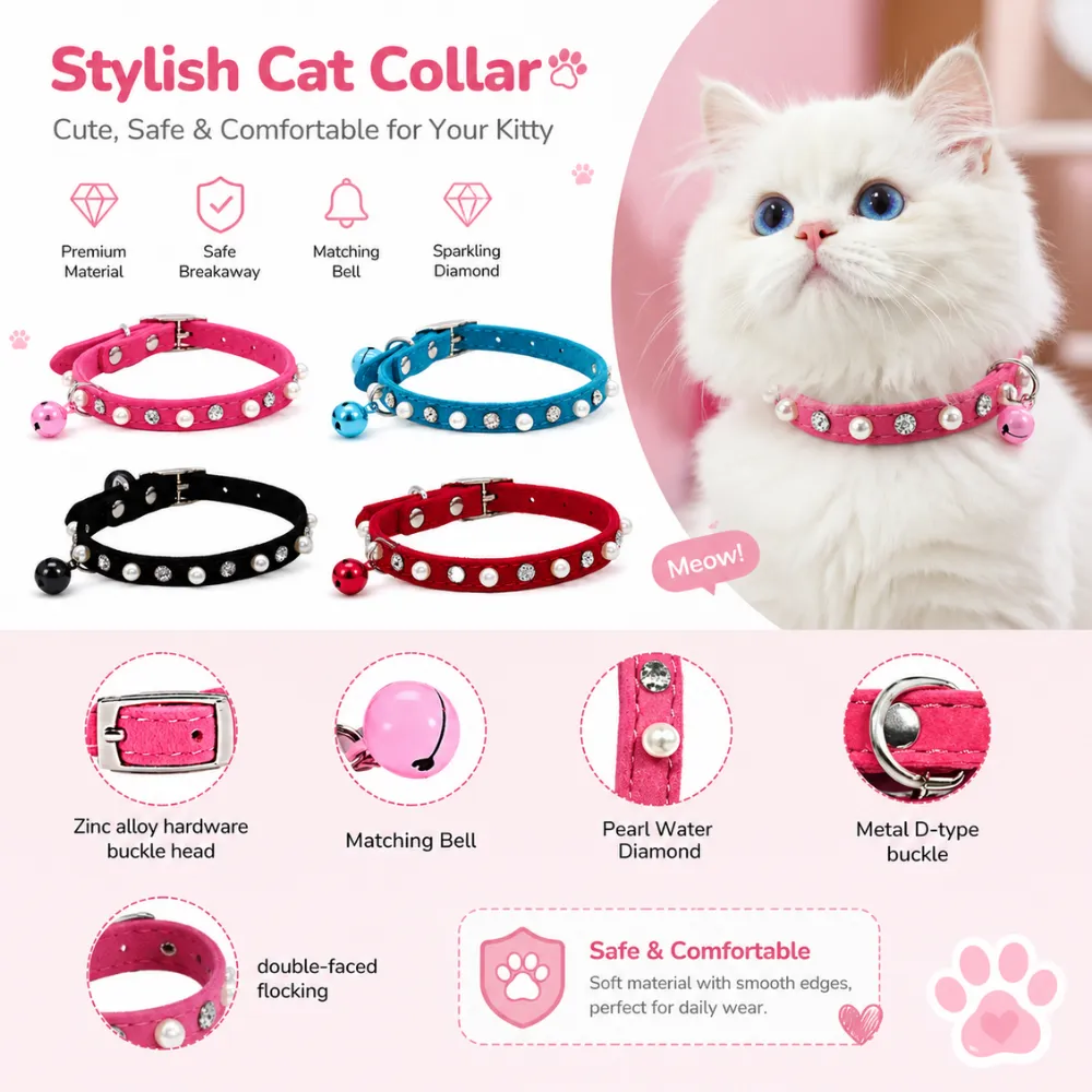 Infographic showcasing cat collar features: zinc alloy buckle, matching bell, pearl water diamonds, and metal D-ring.
