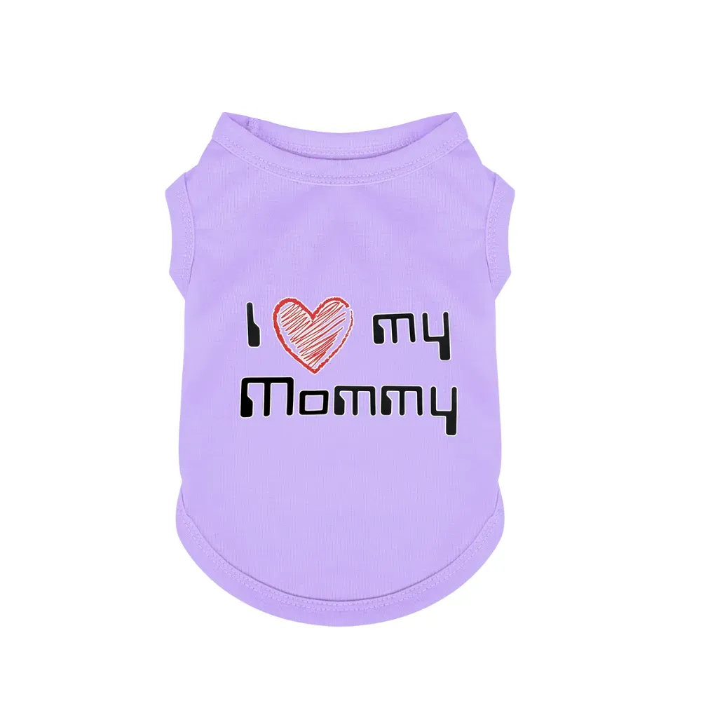 Purple I Love My Mommy Pet Shirt Purple dog vest with I Love My Mommy print and red heart graphic