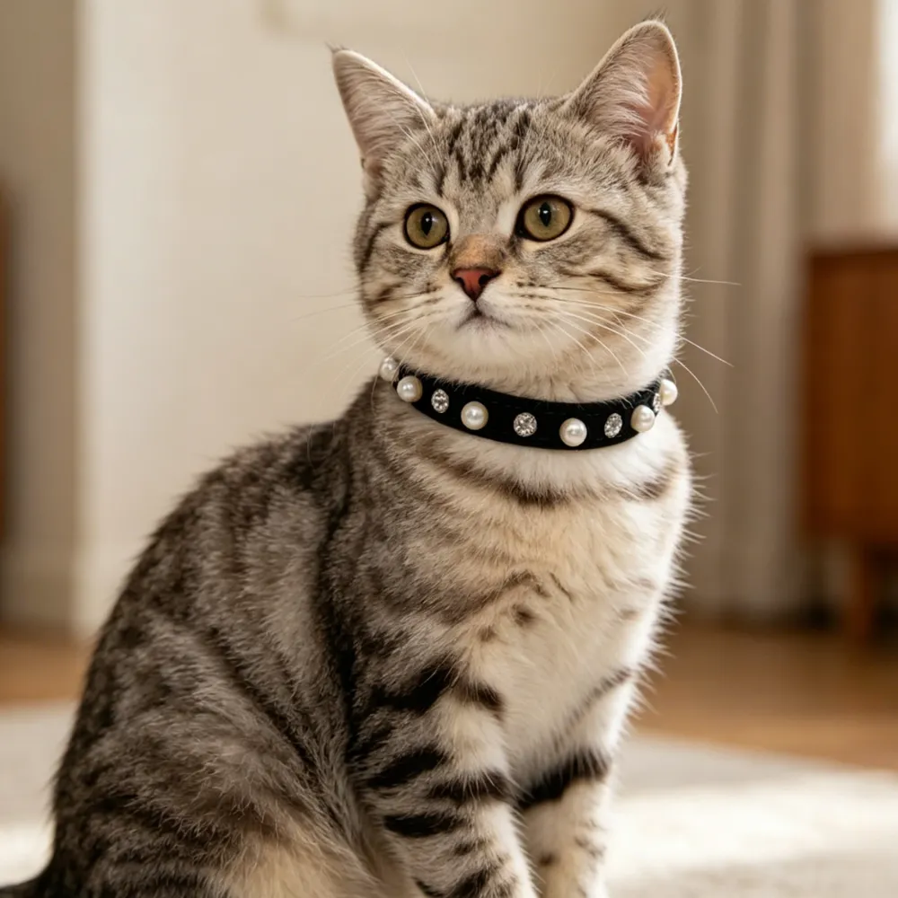 A close-up of a domestic shorthair cat wearing a sophisticated black collar with alternating pearls and rhinestones.