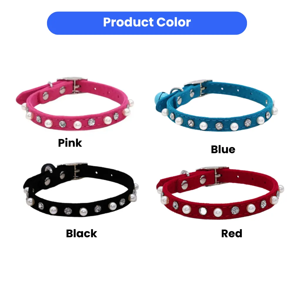 A product color selection chart showing four pearl-studded cat collars in pink, turquoise blue, classic black, and deep red.