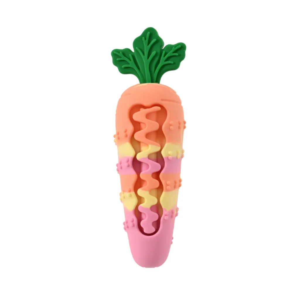 A pink and peach striped rubber carrot toy featuring a zigzag treat-hiding maze.
