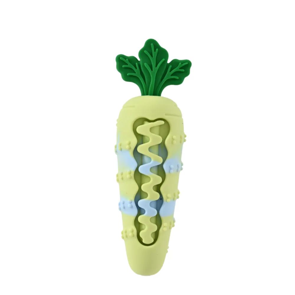 A lime green and blue striped carrot-shaped dog puzzle feeder toy on a white background.