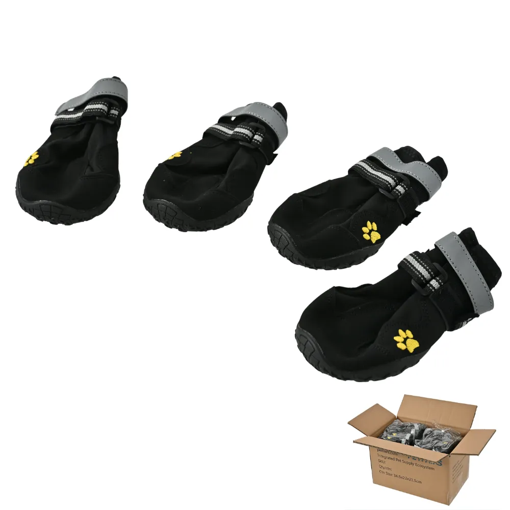 Multiple sets of dog boots shown next to an open shipping carton labeled for pet supply ecosystem distribution.