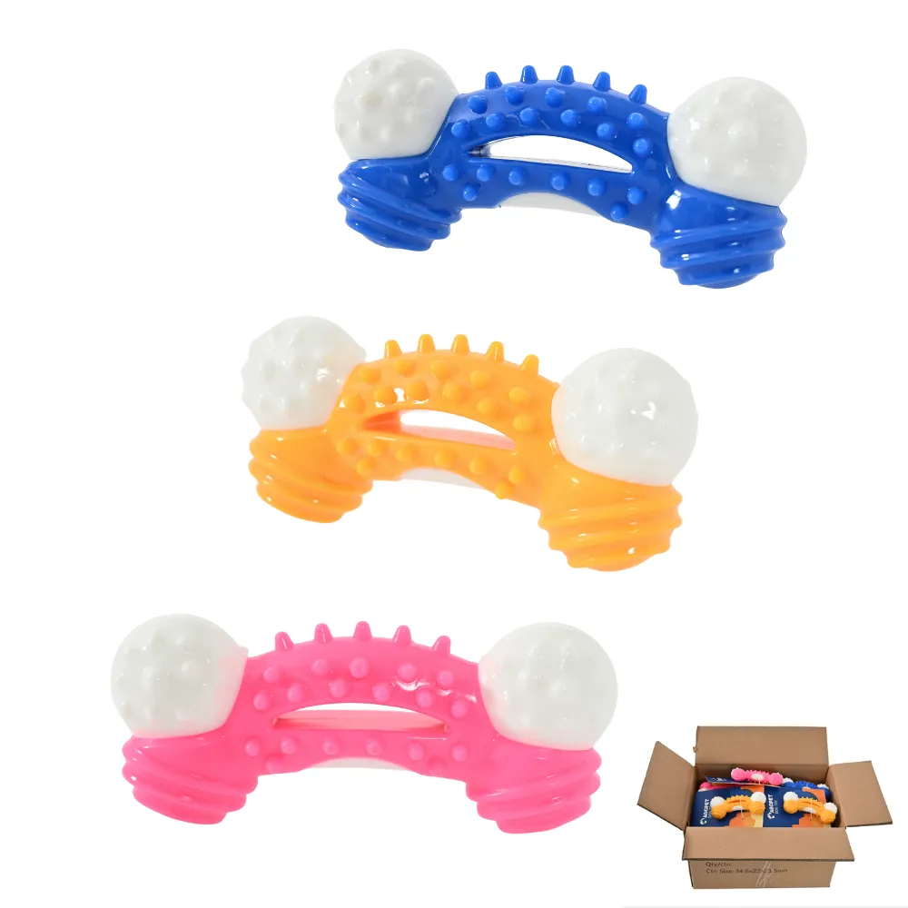 Wholesale-Durable-Nylon-TPR-Dog-Chew-Toys-Bulk Three bone-shaped dog chew toys in blue, orange, and pink with treat-dispensing slots and a wholesale shipping carton.