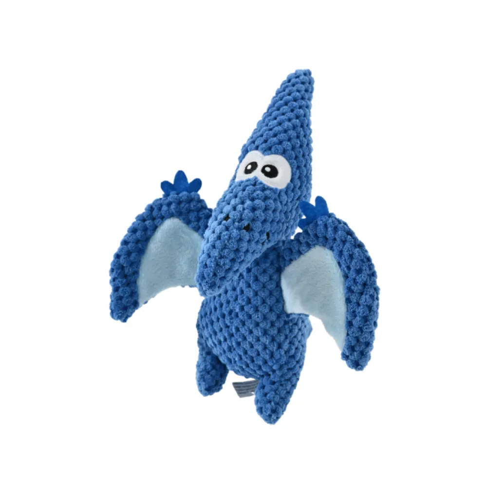 Front view of a blue pterosaur squeaky dog toy made of bite-resistant textured plush fabric.
