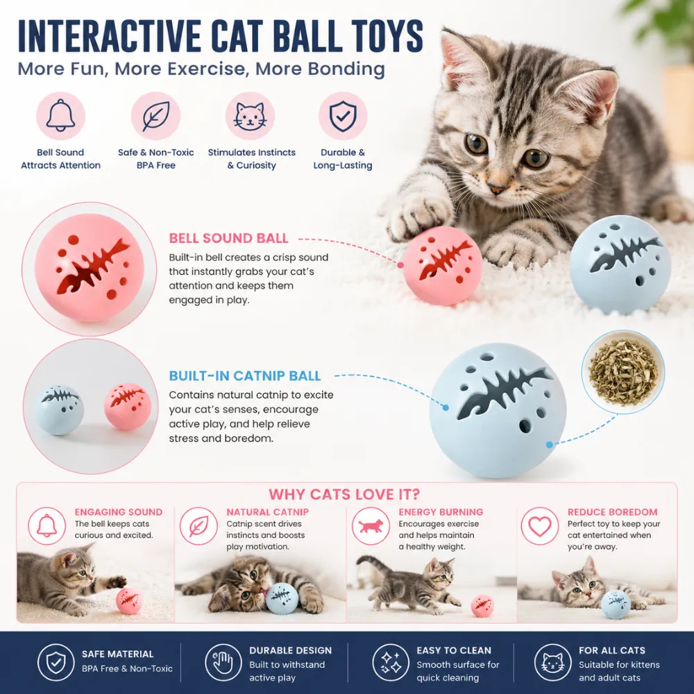 Infographic detailing cat toy features: bell sound, non-toxic material, catnip chamber, and durability.