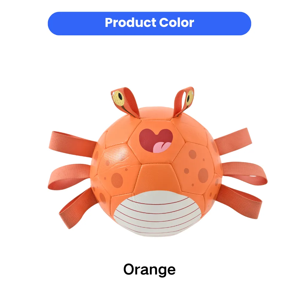 Product color display of orange crab soccer dog toy with durable PU outer shell and soft interactive pull tabs