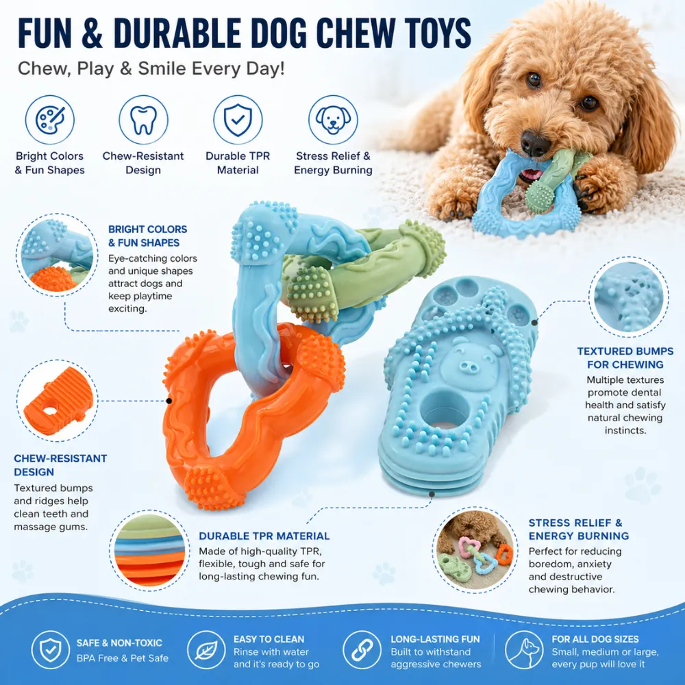 Infographic highlighting chew-resistant design, BPA-free material, dental health textures, and stress relief benefits.