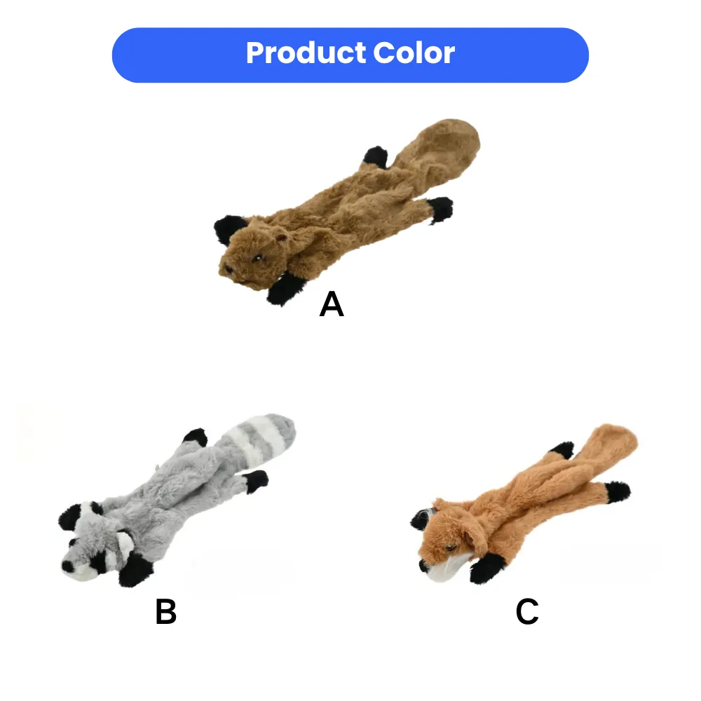 Product color chart showing three styles: A (Squirrel), B (Raccoon), and C (Fox) plush dog toys.