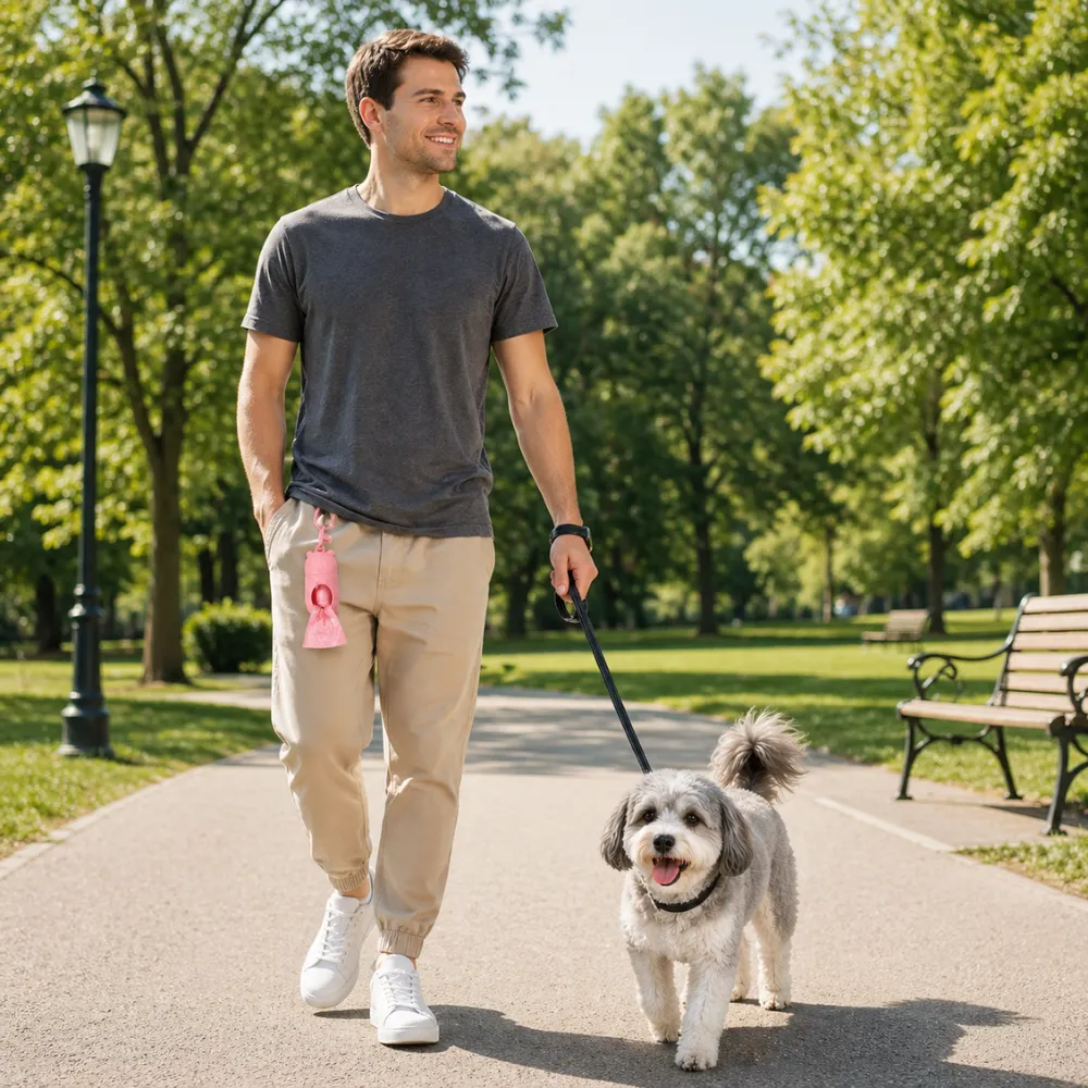 A man walking a small dog in a park with a pink bear-shaped poop bag dispenser clipped to his belt loop.