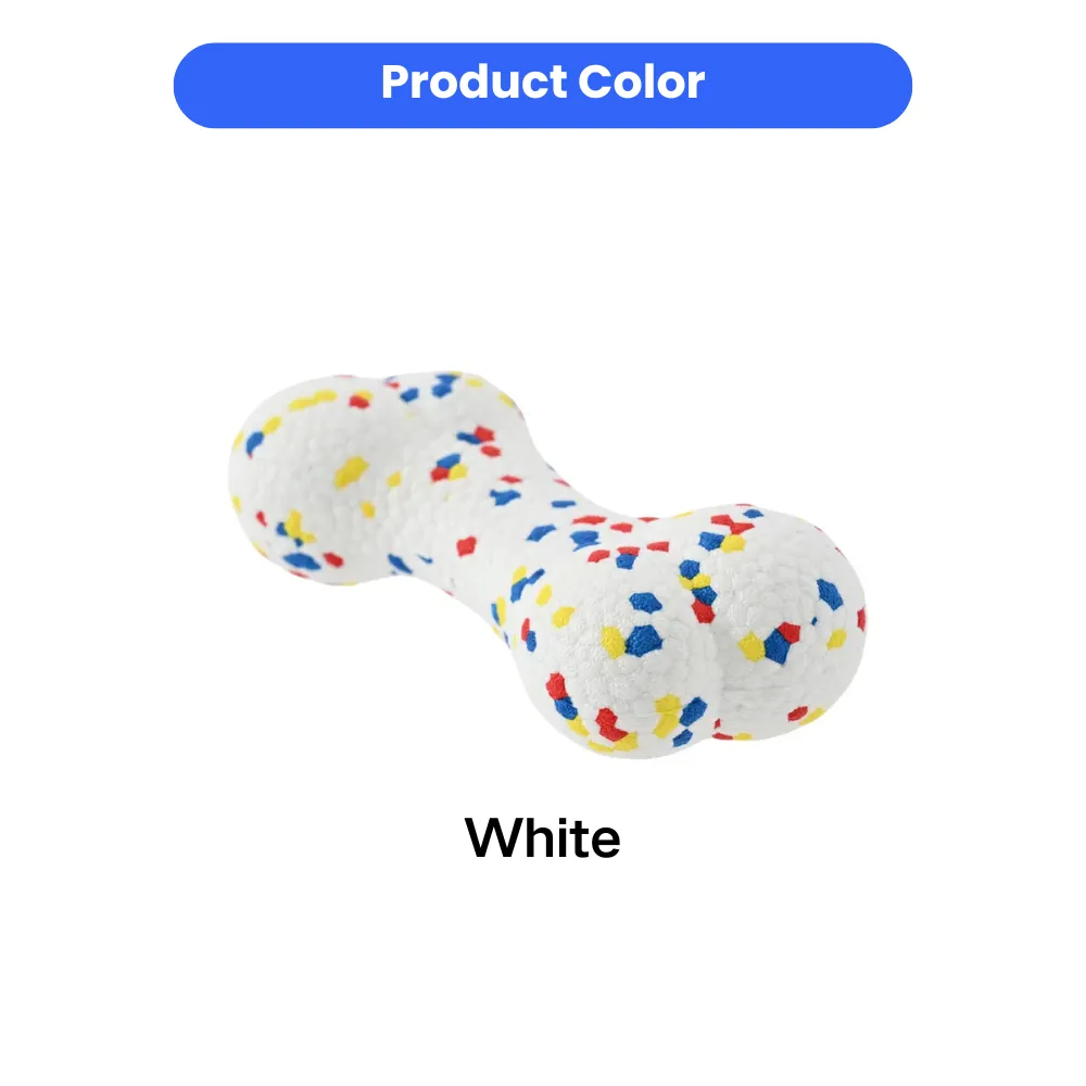 Close-up of a white textured bone dog toy featuring red, blue, and yellow patterns, labeled as White color variant.