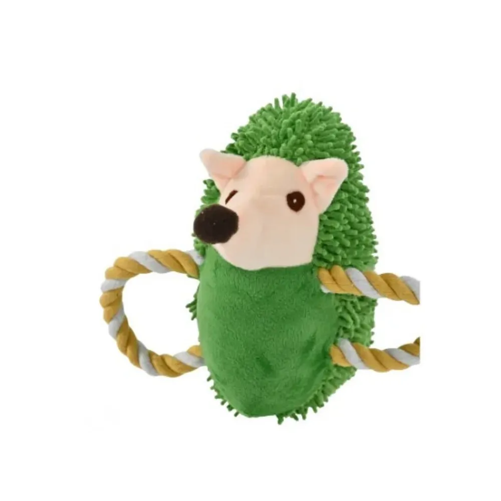 Side profile of the green hedgehog squeaky toy with durable rope handles for wholesale distribution.