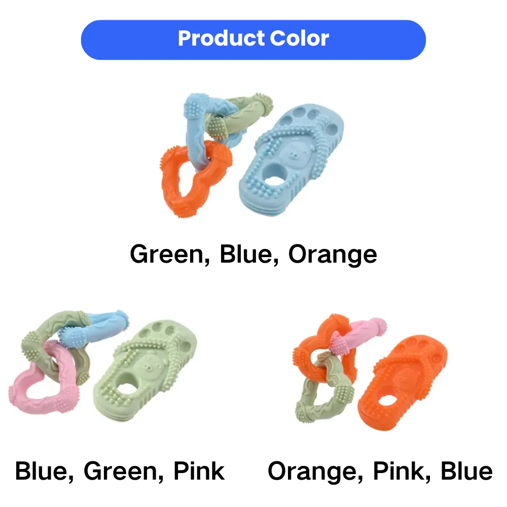 Three color combinations of dog chew toys including Blue-Green-Orange, Blue-Green-Pink, and Orange-Pink-Blue.
