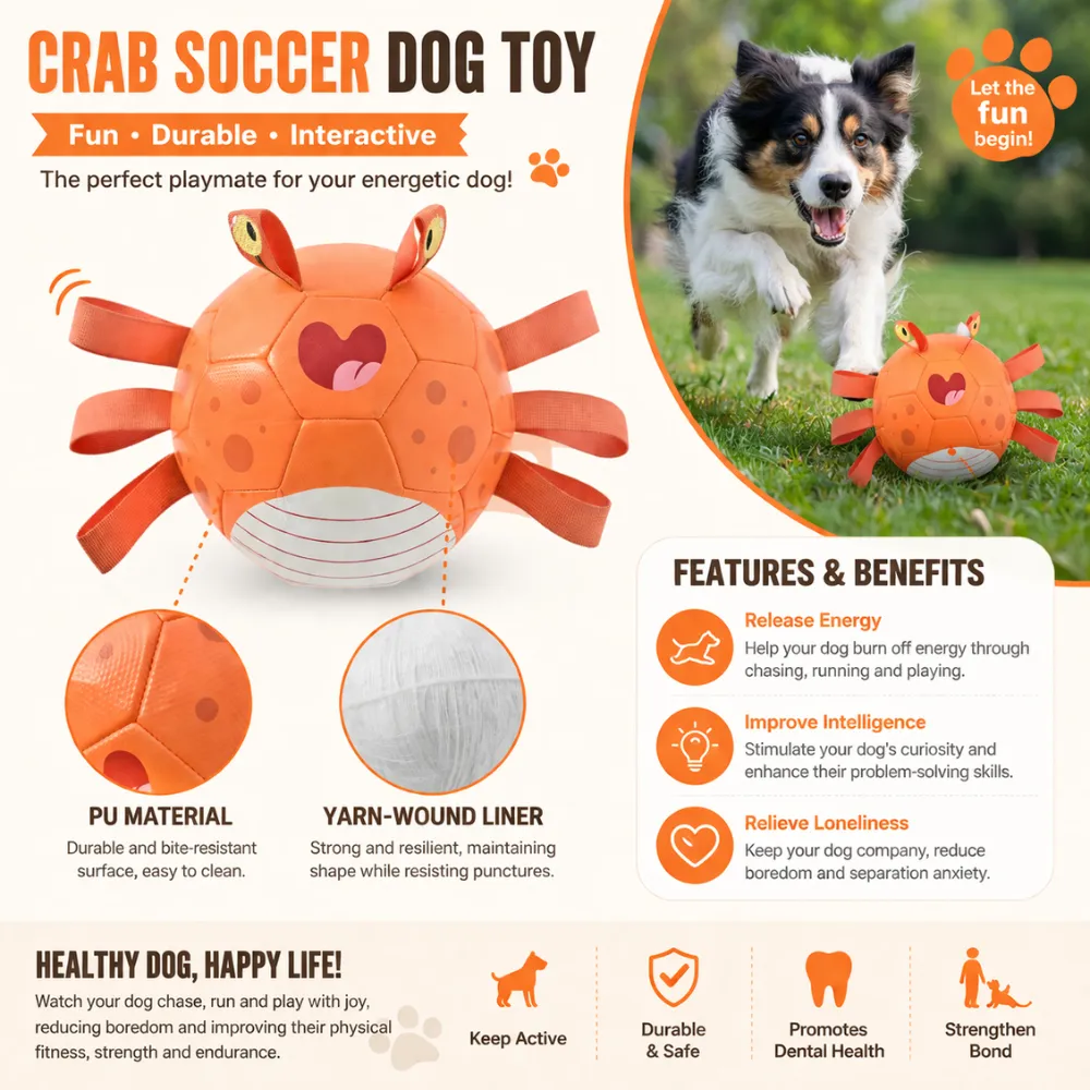 Detailed feature image of crab soccer dog toy showing PU material yarn-wound liner and dog interactive play benefits