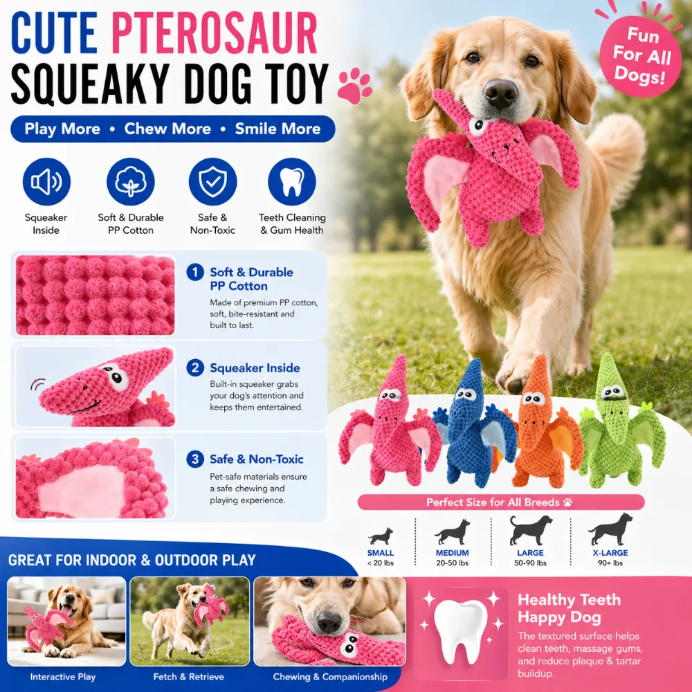 Infographic detailing features: built-in squeaker, durable PP cotton, non-toxic material, and dental health benefits for all dog sizes.