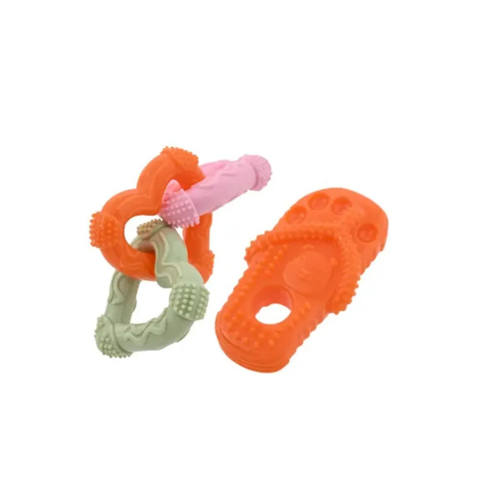 Bright orange slipper toy and interlocking rings made of non-toxic, eco-friendly TPR material.